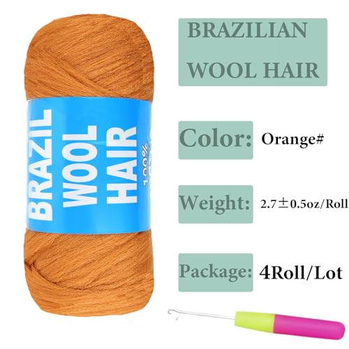 4 Roll Brazilian Wool Hair Acrylic Yarn for Crochet Hair African Braids Sengalese Twisting Jumbo Braids Knitting Hair Braids soft Faux Locs Synthetic Hair Extension(Orange#)