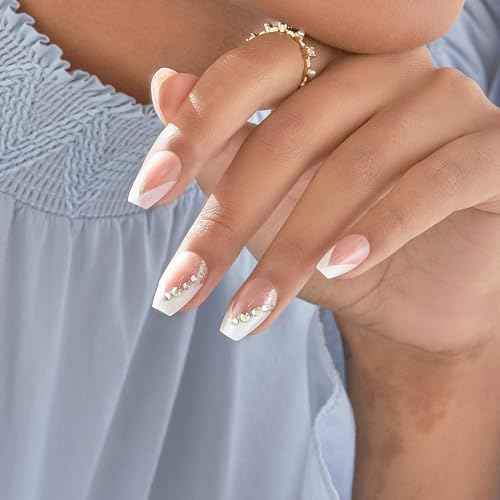 KISS imPRESS No Glue Mani Press On Nails, French, 'Glimpse', White, Medium Size, Coffin Shape, Includes 30 Nails, Prep Pad, Instructions Sheet, 1 Manicure Stick, 1 Mini File