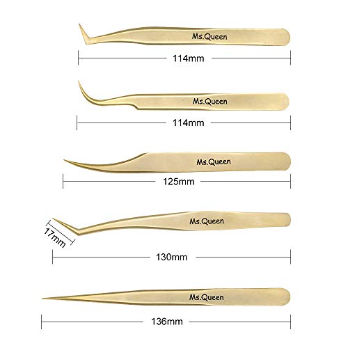 Ms.Queen Eyelash Extension Tweezers-Precision Tweezers for 2D-6D Volume&Individual False Lashes Extensions-Golden-5pcs Tweezers Set