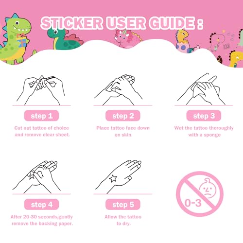 Three Rex Dinosaur Temporary Tattoos - 6 Sheets 180 Pcs Pink 3rd Birthday Decorations Cute Cartoon T-rex Tattoo Stickers for Dino Party Favors Decor Supplies