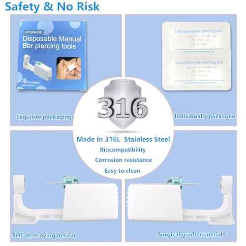 Ear Piercing Kit, Disposable Piercing Gun Preloaded with Different Style Studs, at Home Self Piercer Kit