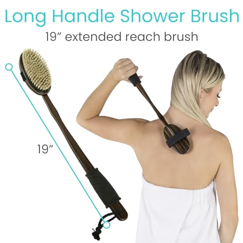 Vive Dry Brush Set for Lymphatic Drainage (3 Pieces) - Brushing Scrubber for Exfoliating, Body Cellulite and Skin Massage - 100% Natural Boar Hair Bristles, 14¡± Long Dark Wooden Handle w/Storage Bag