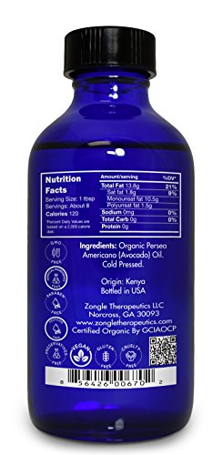 Organic Avocado Oil, for Cooking, Hair, Skin – 100% Pure, Avocado Oil Organic, Cold Pressed, Unrefined, by Zongle Therapeutics, 4 OZ