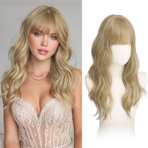 Haloo Blonde Wigs with Bangs - 20 Inch Long Wavy Synthetic Hair Wig for Women, Dirty Blonde
