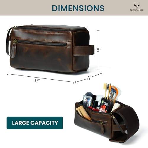 Leather Toiletry Bag for Men ? Handmade Travel Kit, Small Leather Shaving & Toiletry Organizer, Durable Waxed Canvas Lining (Dark Brown)