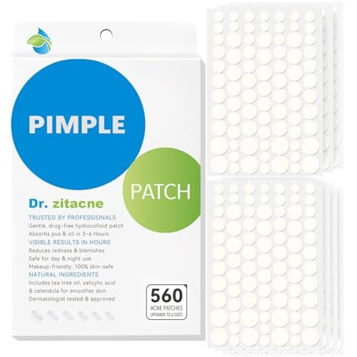 Pimple Patches for Face?Hydrocolloid Acne Patch, 6 Sizes (7/8/10/11/12/14 mm), 560 ct.?Tea Tree, Salicylic Acid & Centella-Invisible Waterproof Spot Dots, Absorb Fluid & Shrinking Zits and Whiteheads
