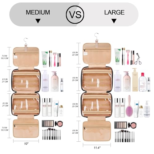 Travel Hanging Toiletry Bag for Women, Holds Full-Size Shampoo, with Jewelry Organizer Compartment, Extra Large Makeup Bag, Waterproof Cosmetic Bag, Toiletries Kit Set with Trolley Belt, Black