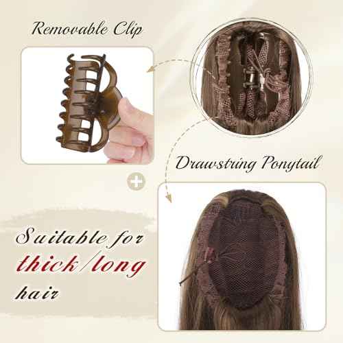 FESHFEN Claw Ponytail Extensions - Long Straight Ponytails for Women Hairpieces Synthetic Hair Pony Tails Extension Clip in Hairpiece, 25 inch Honey Blonde Mixed Light Brown
