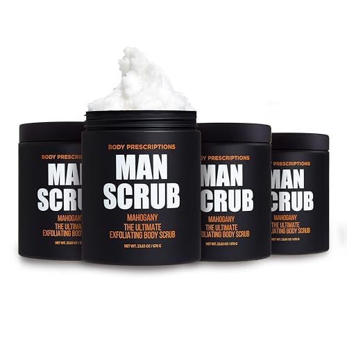 Body Prescriptions Men¡¯s Exfoliating Body Scrub ? Ultimate Skin Cleansing Wash in Jar with Twist-Top Lid, For All Skin Types, 21 Ounce (Pack of 4), Mahogany