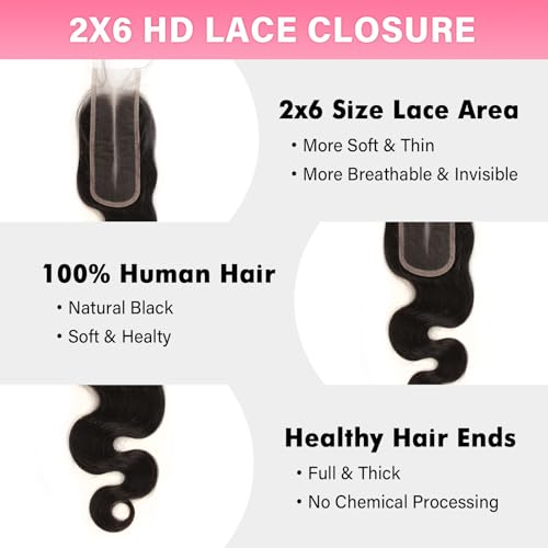 WOWANGEL 2x6 0.095mm Ultra-Thin Skinlike Real HD Lace Frontal & Closure,Body Wave Natural Hairstyles,Pre-Plucked Invisible Hairline,Unprocessed Virgin Human Hair,Invisible Knots HD Lace,16inch