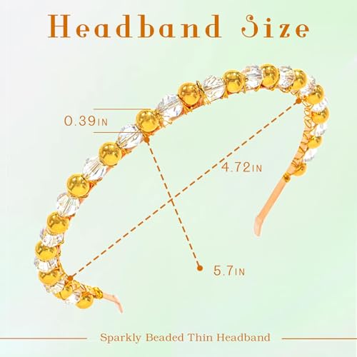 deladola Gold Bead Thin Headband Sparkly Beaded Hairband Handmade Hair Hoop Party Headwear for Women (White)