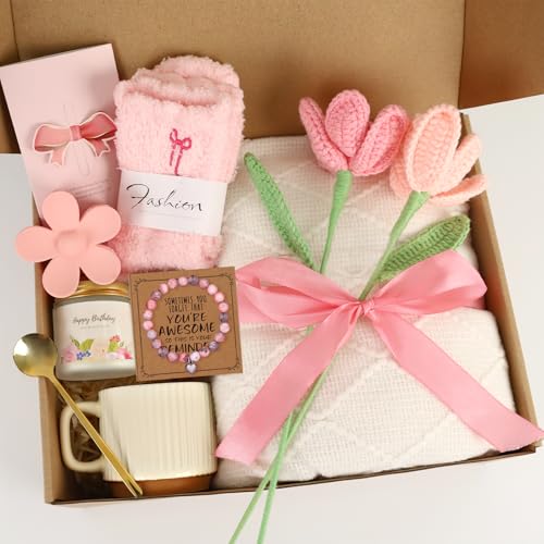 Gifts for Women, Get Well Soon Blanket Gift Baskets, Self Care Gifts Baskets Unique Christmas Gift for Women Thinking of You/Mothers Day/Best Friend Inspirational Friendship Gift