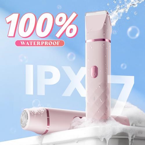 Bikini Trimmer for Women, IPX7 Waterproof, Painless Rechargeable Electric Razor Remover, 2-in-1 Facial & Pubic Hair Removal for Sensitive Skin, Portable Travel Size, Valentines Day Gifts for Her, Pink