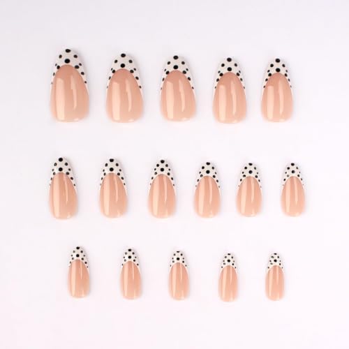 Medium Almond Press On Nails - Nude Pink French Tip with Polka Dots