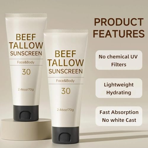 Tallow Sunscreen, Sunscreen for Face, SPF30 Natural Reef Safe Face Body Beef Tallow Sunblock, Non Greasy Clean Travel Sun Screen Sunblock for Outdoor Travel, 7.38 OZ,3 Pack