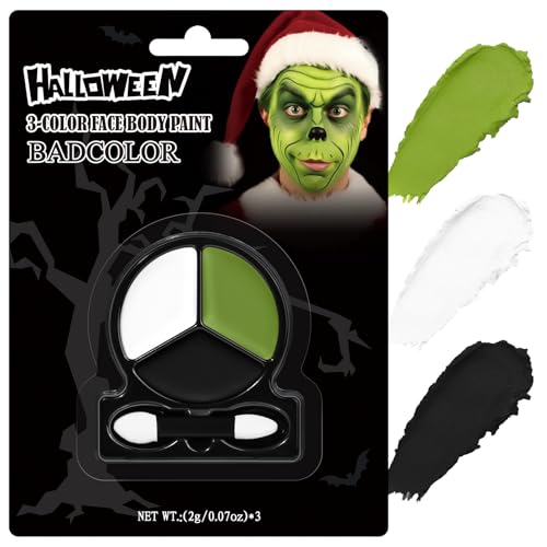 Black White Ogre Green Face Body Paint with Applicator, Oil Based Face Painting Kit for Halloween Green Monster, Frankenstein, Alien, Evil Creature Makeup, SFX Cosplay, Costume Parties, Dress Up