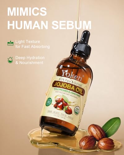 Yoken Organic Jojoba Oil 4oz - Pure Cold Pressed for Face, Hair & Skin