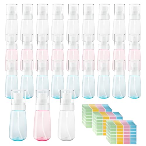 27 Pcs Travel Spray Bottle 60ml/2oz Leak Proof Fine Mist Spray Bottles Empty Mini Makeup Face Spray Bottle Clear Refillable Travel Containers for Perfume Cosmetic Essential Oil, 3 Color(360pcs Labels)