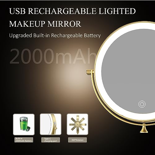 Rechargeable Wall Mounted Lighted Makeup Vanity Mirror 8 Inch Double Sided 1X 10X Magnifying Bathroom Mirror, 3 Color Lighting, Touch Screen Dimming, 360 Rotation Shaving Mirror