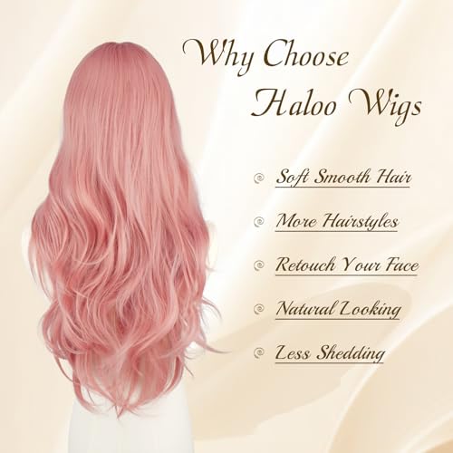 Pink Wavy Wig with Bangs - 26 Inch Heat Resistant Synthetic Hair