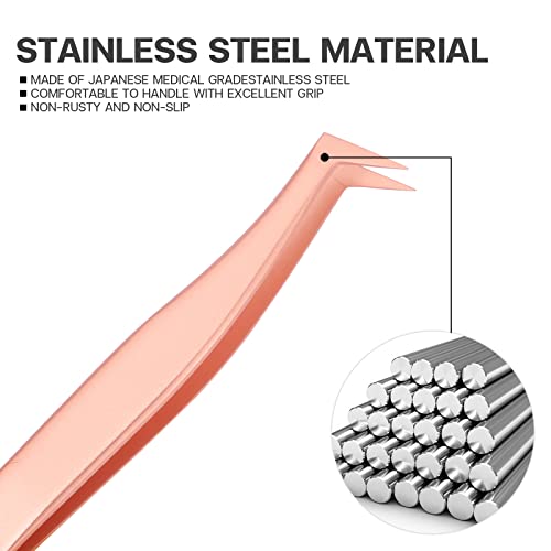 Pretty memory Volume Lash Tweezers,Stainless Steel Eyelash Extension Tweezers, Professional Precision Mega Curved Angled Tweezer, Rose Gold