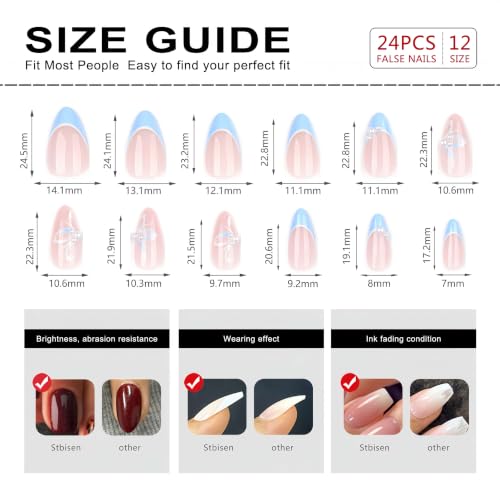 Blue Petal Pearl Medium Almond Press On Nails with French Tips - Wedding & Party Design