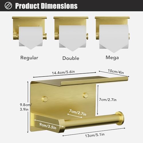 Tindbea Toilet Paper Holder with Phone Shelf, Adhesive or Screw Wall Mount Toilet Tissue Roll Holder, Rustproof & Multifunctional Stainless Steel Bathroom Storage Dispenser (Brushed Gold)