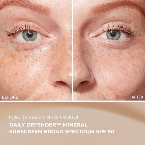 Daily Defender Broad Spectrum SPF 50 Mineral Sunscreen with Hyaluronic Acid, Vitamin C & Niacinamide (as Vitamin B3), Lightweight UVA & UVB Protection, Skin Care, Untinted