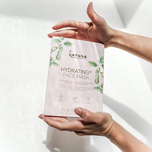 Karuna Skin - Hydrating+ Facial Mask for Well-Moisturized & Hydrated Skin, Glow-Enhancing Facial Skin Care Products, Hydrating Face Masks with Natto, Niacinamide & Sodium Lactate, 4 Sheets per Pack