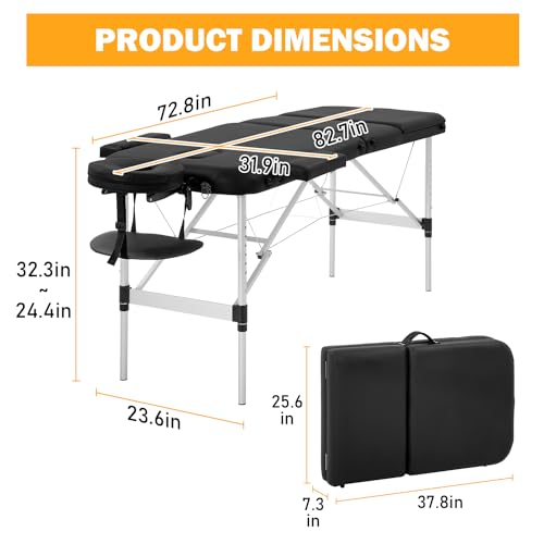 Portable Massage Table 3-Fold Aluminum Spa Bed Height Adjustable
