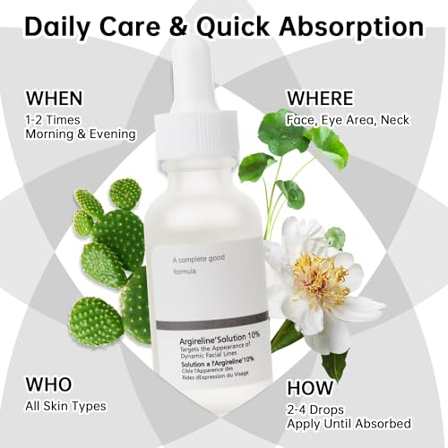 Argireline Serum With Hyaluronic Acid For Fine Lines, Anti Aging Argireline Solution 10 Percent For Dark Spot, 30 ML Anti Wrinkles Multi Peptide Serum For Face, Eye, Neck.