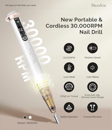 MelodySusie White Cordless Pen-Shaped Nail Drill 30,000RPM SM220G for Nail Artists
