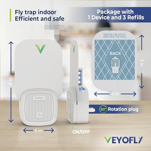 VEYOFLY Fly Trap Indoor, Fruit Fly Traps for Indoors, (1 Device + 3 Refills) Gnat Traps for House Indoor, Fly Catcher Indoor, Safer Plug in Light Flying Insect Trap, Bug Light Killer, Fly Trap