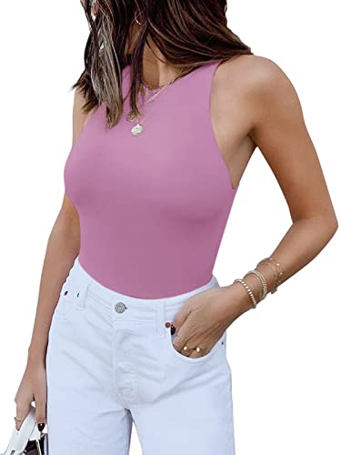 Womens Sexy Sleeveless High Neck Racer Back Halter Thong Bodysuits Leotard Tank Tops Violet Small