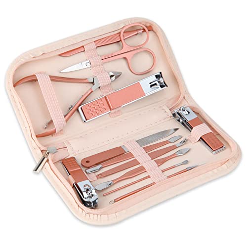 12-in-1 Rose Gold Manicure Set with Pink Leather Case