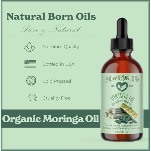 Natural Born Oils Moringa Oil, 8oz, Organic, Cold-Pressed, Rich in Vitamins A & C, Ideal for Moisturizing Skin, Strengthening Hair