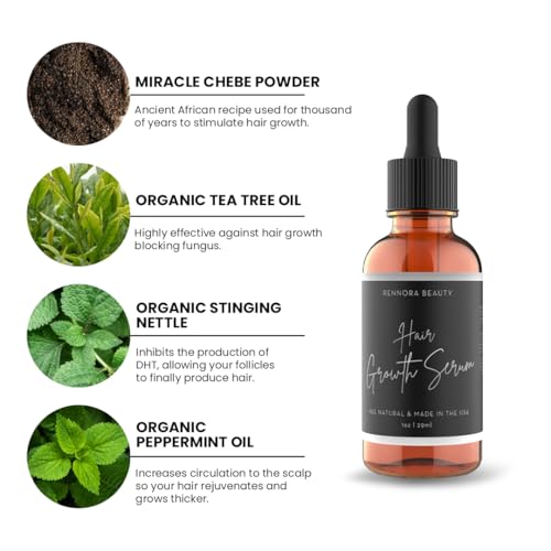 Rennora Hair Growth Serum 1 Fl Oz (Pack of 2) - Peppermint, Nettle & Rosemary Oil for Black Hair Growth