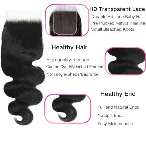 HD Lace Closure Body Wave Hair Closure - 5x5 Lace Frontal, 12A Virgin Remy Human Hair, Pre Plucked, 20 Inch Natural Black