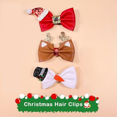 3 Pcs Christmas Hair Clips Xmas Bow Hair Accessories Cute Reindeer Antlers Christmas Hat Glitter Sequins Hair Barrettes Holiday Headdress Hairpin for Girls Women Kids Party Cosplay Gift