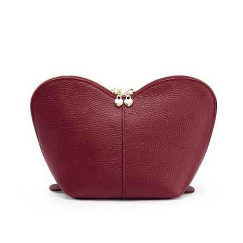 Kattee Leather Makeup Bag, Travel Large capacity Comestic Bag for Women, Heart Shaped Portable Organizer Toiletry Bag for Working,Wine Red