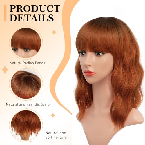 ENTRANCED STYLES Auburn Wavy Bob Wig with Bangs - Short Curly Synthetic Hair, 14 Inch, Heat Resistant, Natural Look for Women