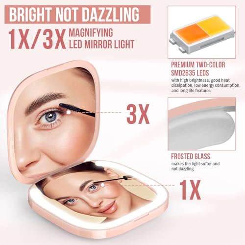 MY BEAUTY LIGHT Bright Compact Mirror with Durable Rechargeable 1X/3X Magnifying Light, 3000K-6000K Travel Makeup Mirror with Lights for Handbag Purse Pocket (Pink)