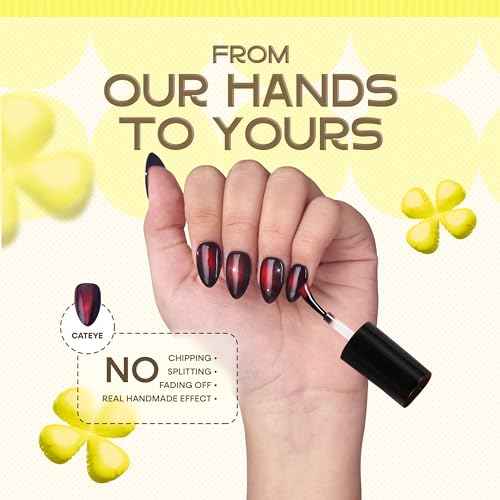 Handmade Cat Eye Gel Press On Nails ? Short Almond Dark Black Red Set, 26pcs Reusable Lamp-Curable Nail Kit Salon-Quality Fake Glue On Nail Tips for Christmas Valentine Wedding Everyday Glam