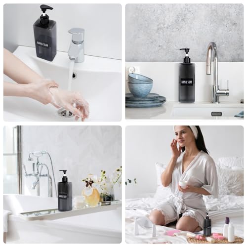 Segbeauty 16.9oz Refillable Bottles, 8pcs 500ml Shampoo and Conditioner Set with Labels, Gray Empty Shampoo Body Soap Conditioner Pump Bottle Dispenser Plastic Bathroom Press Lotion Dispenser