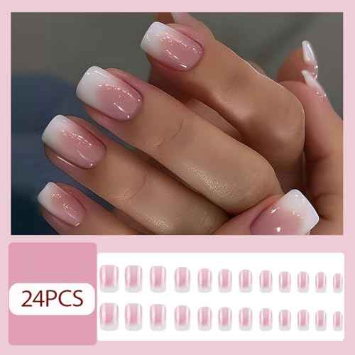 Medium Square Press On Nails Girls Fake Nails with Pink to white Ombre Simple and Stylish Design, Acrylic Artificial False Nails Press On Stick On Nails for Women