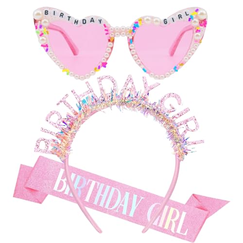 Hot Pink Birthday Girl 3-Piece Set: Crown, Sash & Glasses