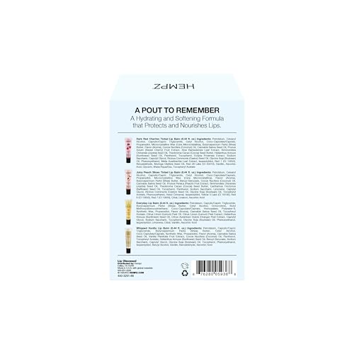 Hempz New Lip Balm Gift Set, Juicy Peach, Dark Red Cherries, Original and Whipped Vanilla, 4 Pack Set