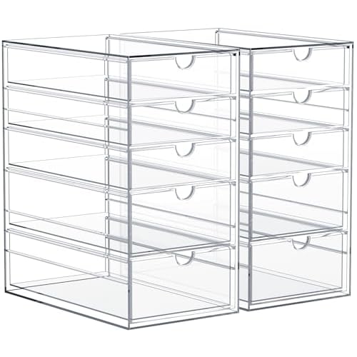 Sorbus Makeup Organizer With 10 Drawers, Acrylic Drawer Organizer for Makeup, Office Organization and Storage, Art Supplies, Jewelry, Stationary - 2 Pcs Clear Stackable Storage Bins Organizer Drawers