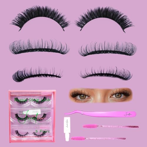 D Curl Faux Mink Lashes - 3 Pairs Russian Strip with Glue & Applicator