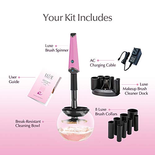 Luxe Electric Makeup Brush Cleaner, Pink, USB Charging Station, 3 Adjustable Speeds, Cleaner to Instantly Wash and Dry Your Makeup Brushes (Pack of 2)